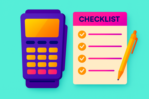 Checklist beside a purple payment terminal with an orange pen on a turquoise background