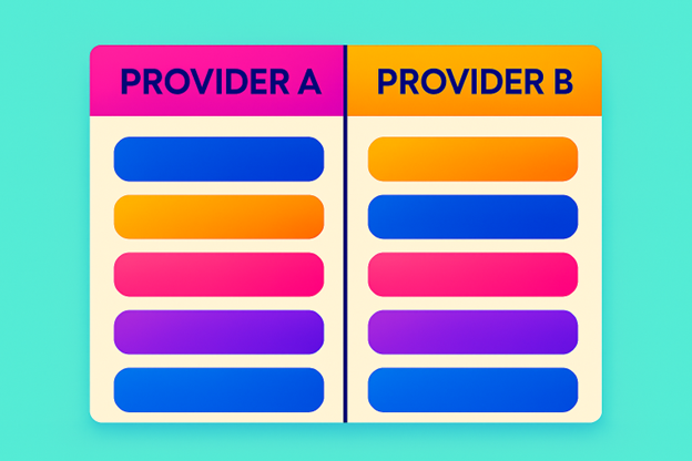 Side-by-side comparison cards labeled Provider A and Provider B with colorful bars on a turquoise background