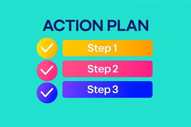 Action plan graphic with three colorful steps and checkmark icons on a teal background