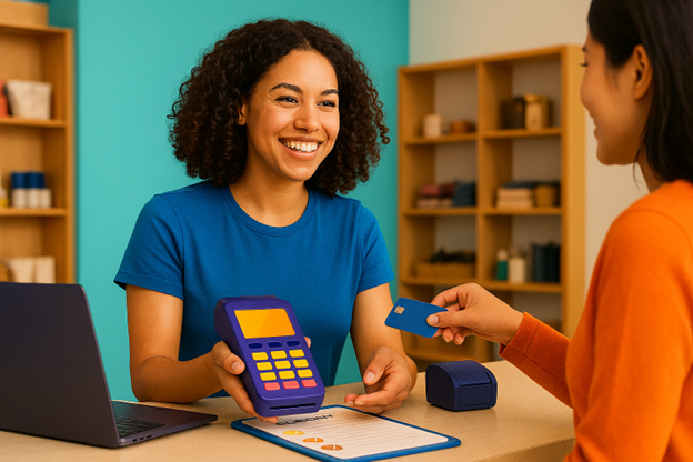 Two people at a counter exchanging a card, with a payment terminal and laptop in a colorful shop.