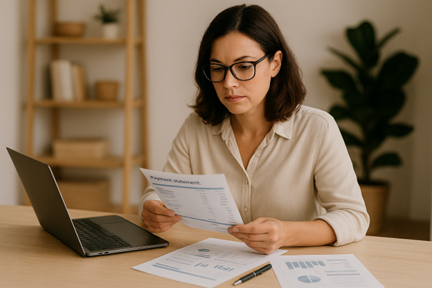 Woman reviewing documents at a desk beside a laptop in a bright home office.