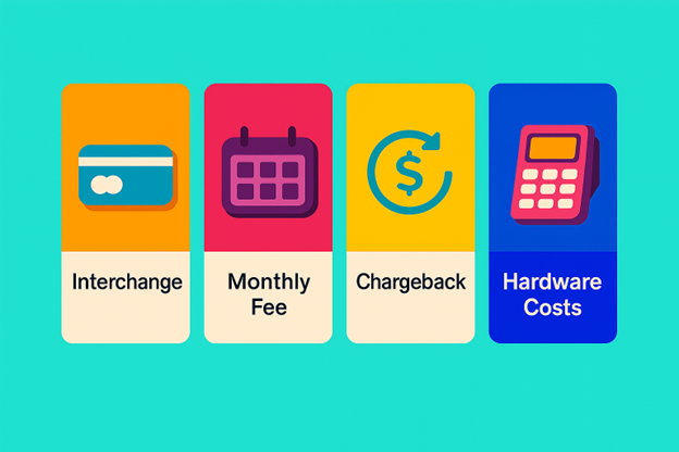Four colored tiles show interchange, monthly fee, chargeback, and hardware costs icons.