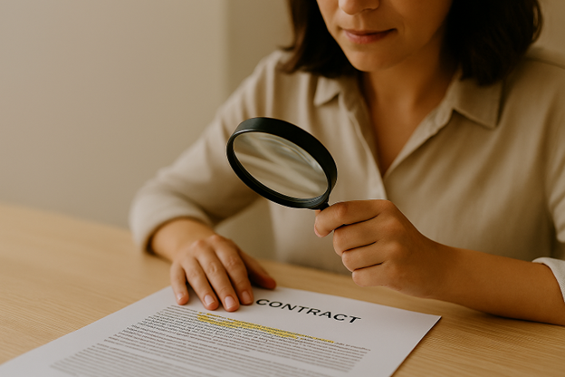 Person examining a contract with a magnifying glass at a desk