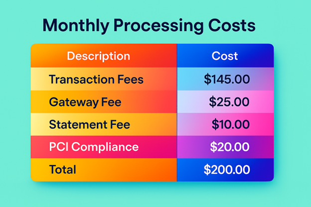 Monthly Processing Costs table with orange-to-blue rows listing fees and totals on a teal background