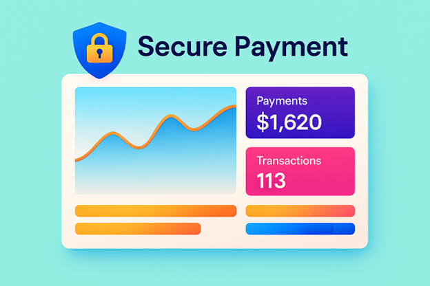 Secure payment dashboard with lock icon, charts, and payment totals on teal background