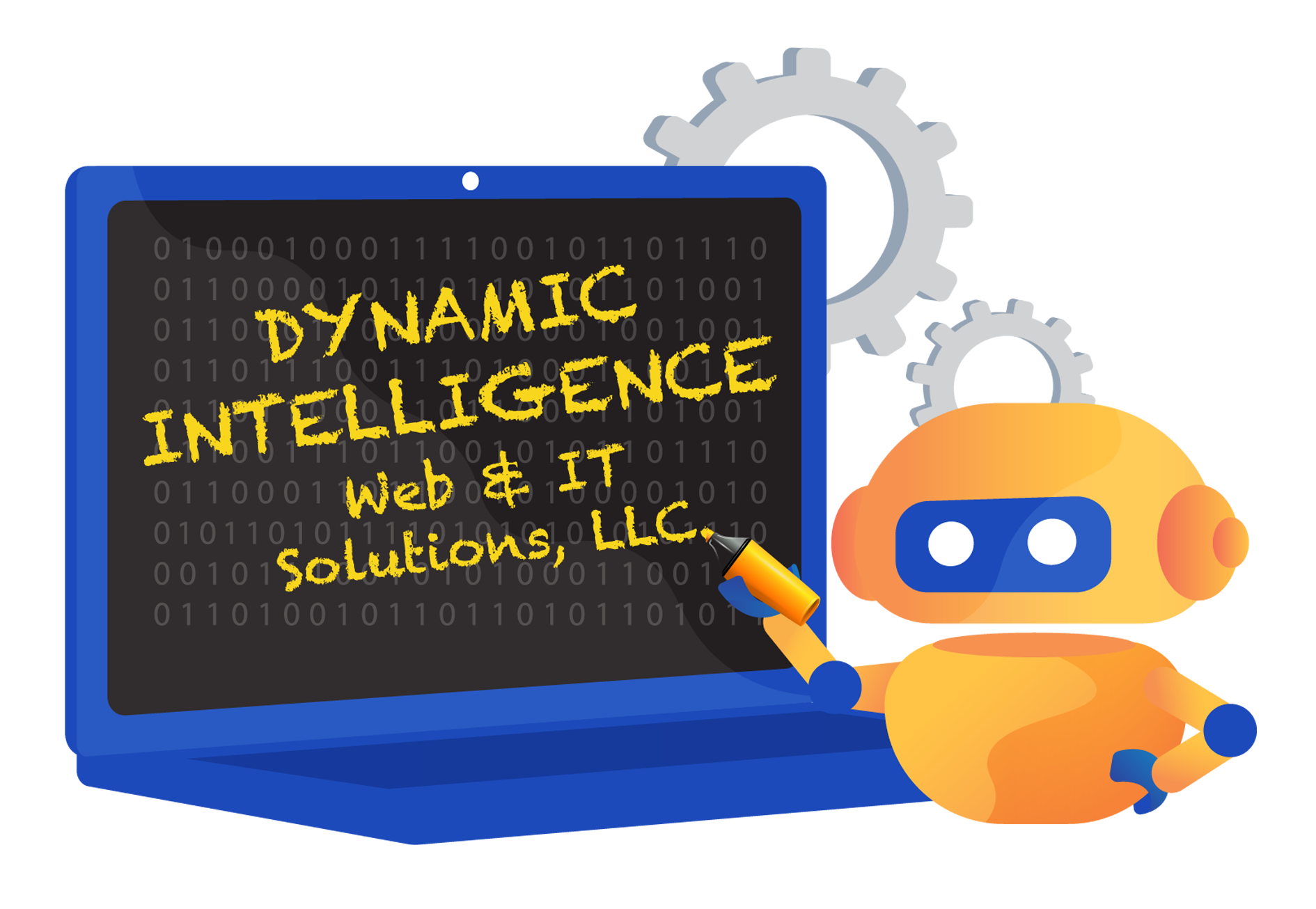 A robot is holding a pen in front of a laptop that says dynamic intelligence web & it solutions llc
