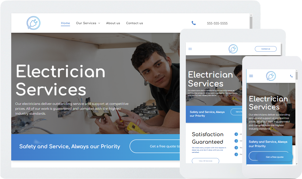 A website for electrician services is displayed on a tablet , phone , and computer.