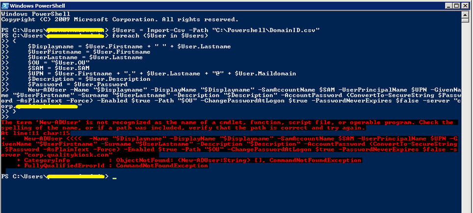 A blue screen showing a PowerShell script with yellow highlighted sections and red error messages.