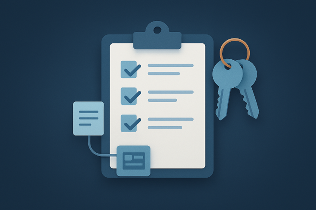 A clipboard with a checklist and a set of keys on a dark blue background.