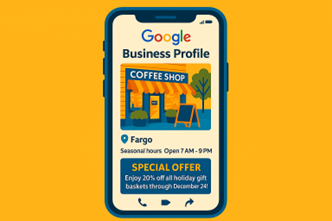 Google Business Profile for a Fargo Business showing seasonal hours and a special offer.