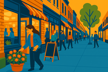 Fargo shoppers on a sunny city street with storefronts, awnings, and potted flowers