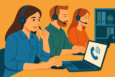 Fargo small business team using VoIP softphones for customer calls.