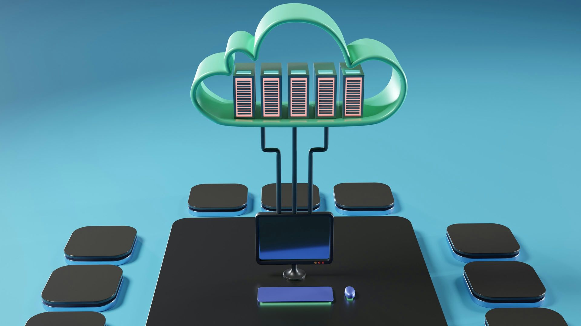 A teal cloud with servers, connected to a desk with monitor and mouse, surrounded by black boxes, against a blue backdrop.