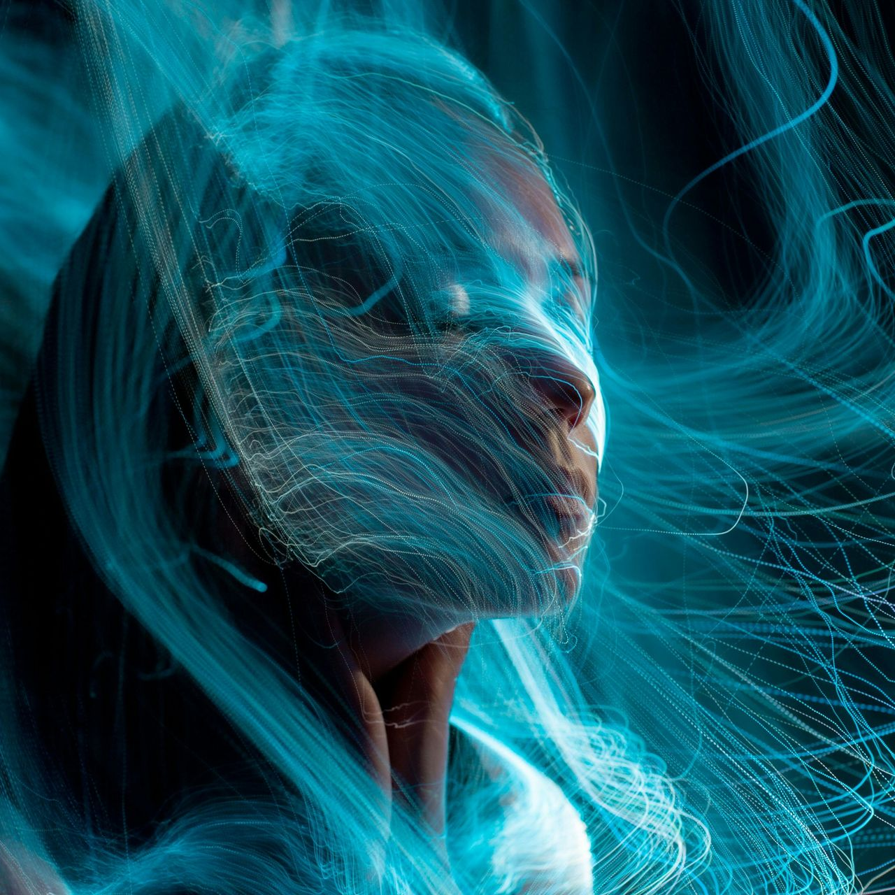 Woman's silhouette with face partially obscured by flowing, turquoise light trails against a dark background.