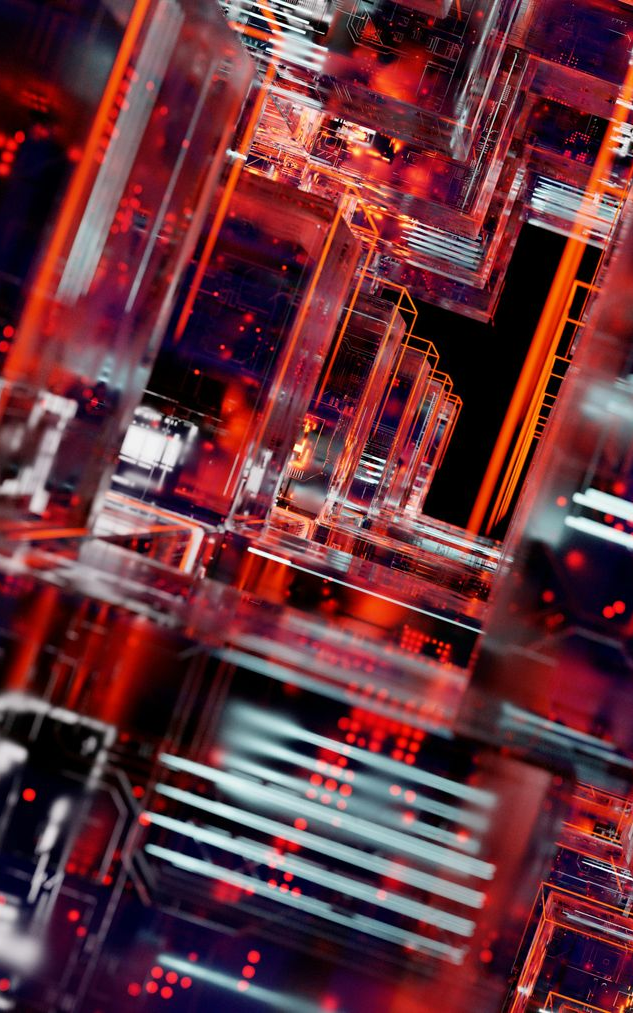 Abstract, geometric cityscape with red and white glowing structures. Diagonal view, black background.