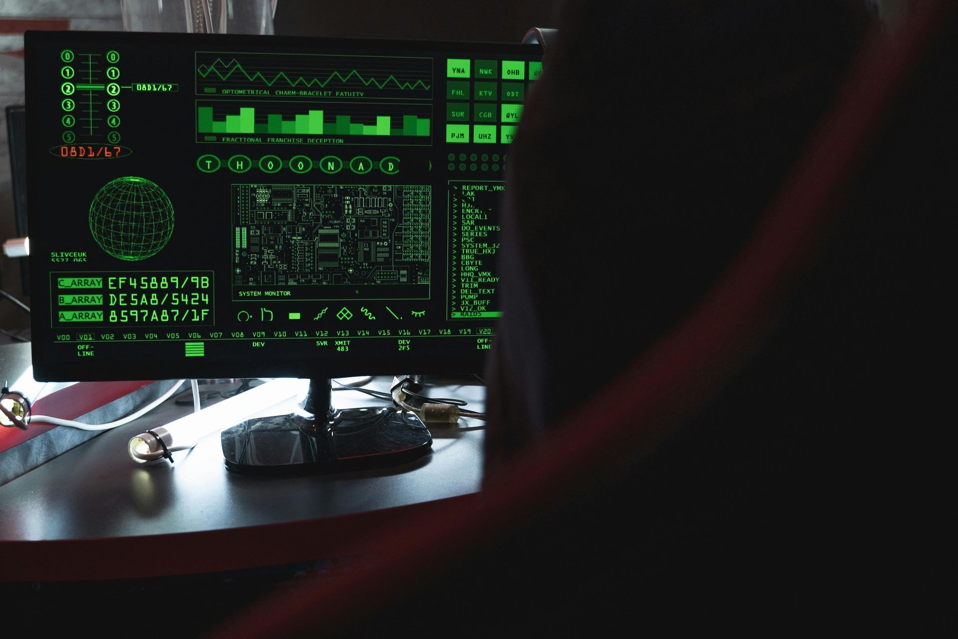 A monitor displays complex green data analytics and code in a dark room, viewed over the shoulder of a person.