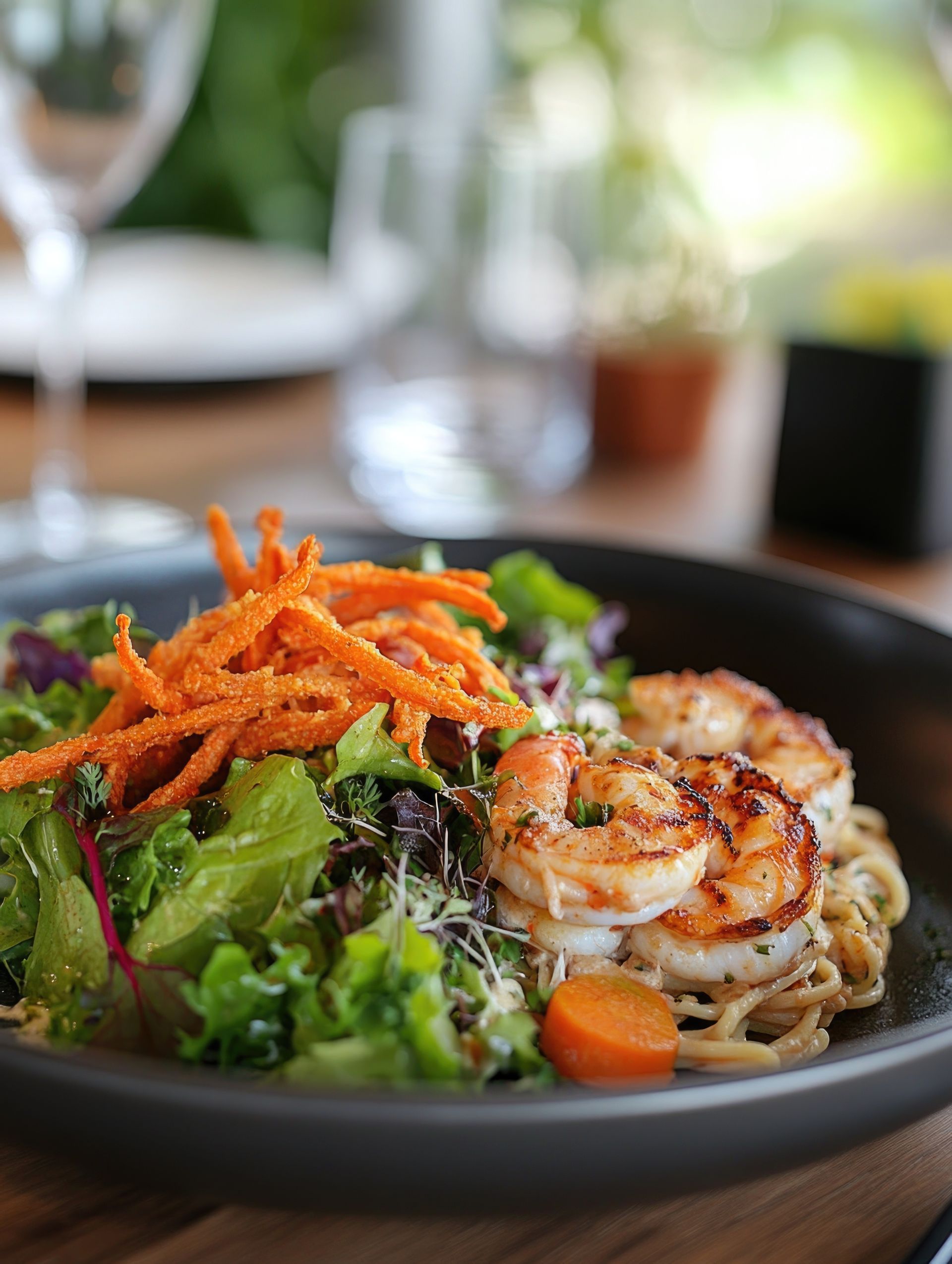 A close up of a plate of food with shrimp and carrots