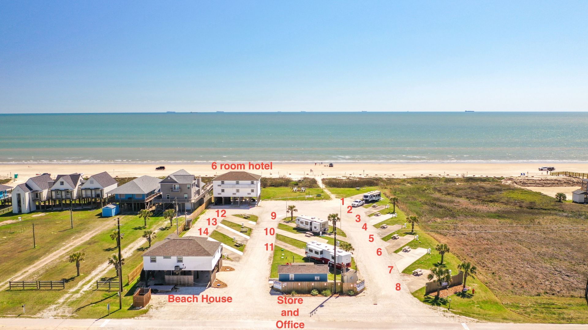 An aerial view of a campground in the gulf of mexico