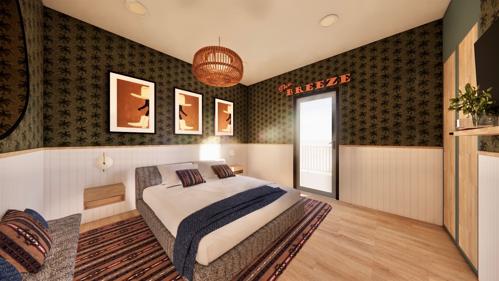 An artist 's impression of a bedroom with a large bed and a rug.