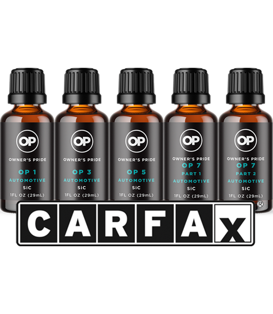 Five bottles of carfax essential oils are lined up next to each other