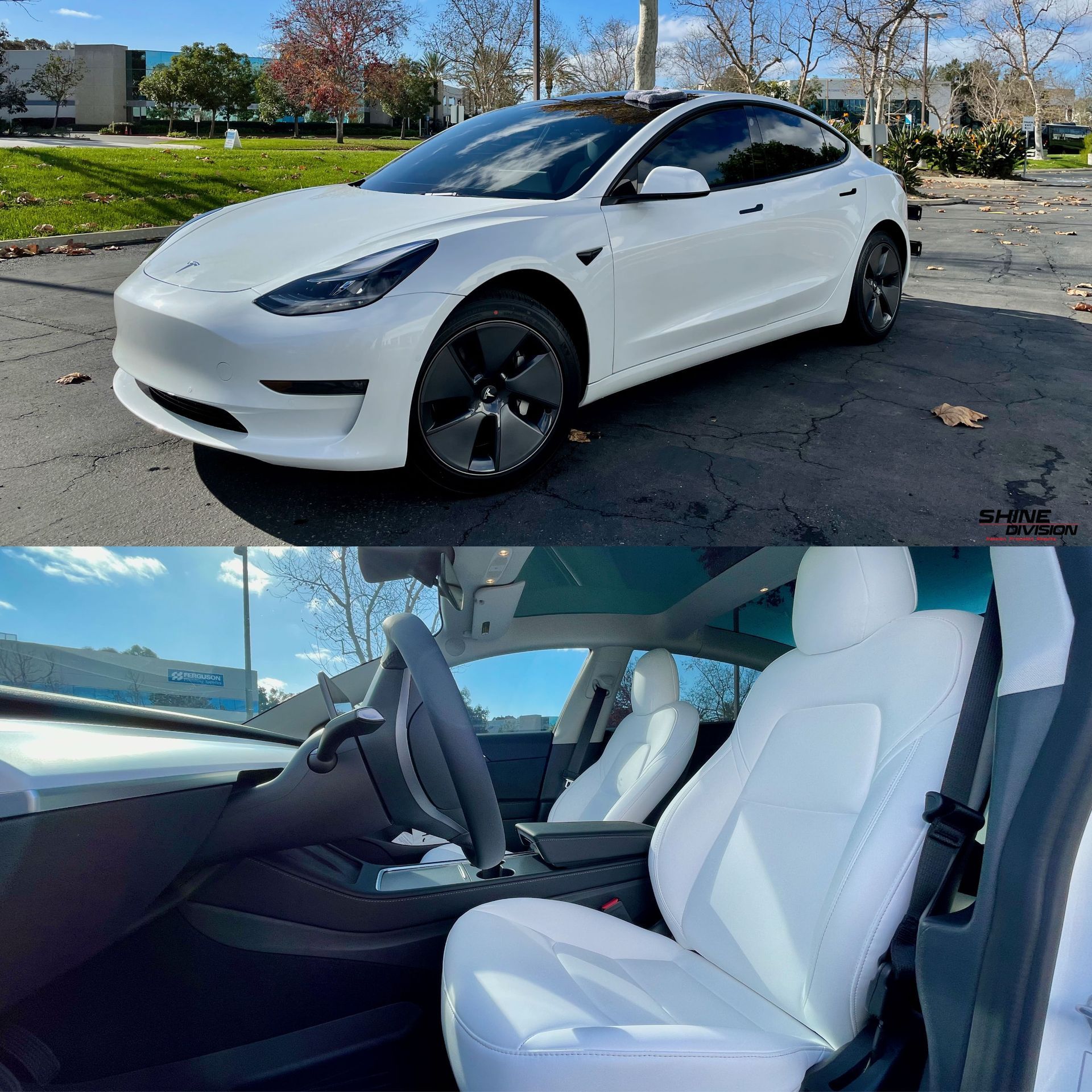 A white tesla model 3 is parked in a parking lot.