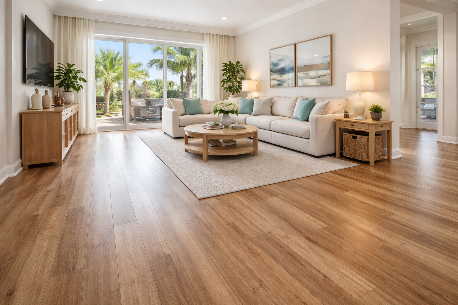 A bright, modern living room with light hardwood floors, a white sectional sofa, and a glass door leading to a patio.