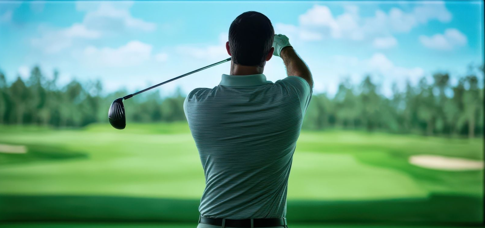 man swinging golf club at a virtual golf lounge