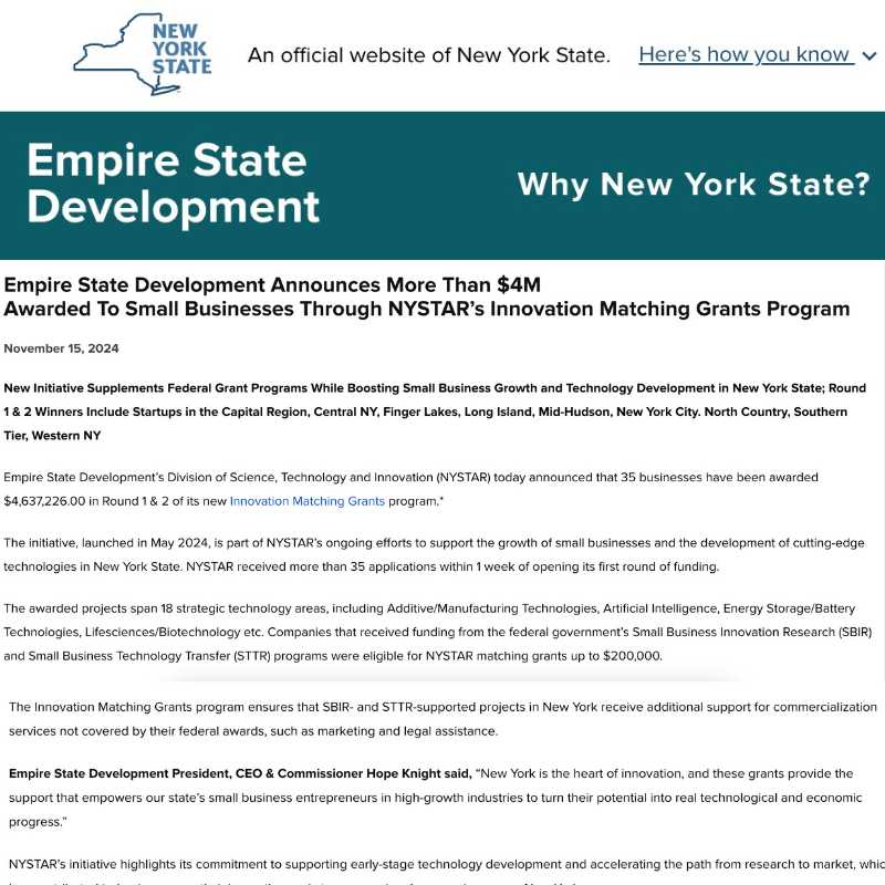 Empire state development announces Labby is awarded through NYSTAR 's innovation matching grants program