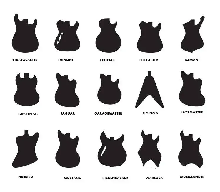 Guitar body shape designs chart showing Stratocaster Telecaster Les Paul SG Flying V Jazzmaster Firebird and more Guitar body shape designs chart showing Stratocaster Telecaster Les Paul SG Flying V Jazzmaster Firebird and more
