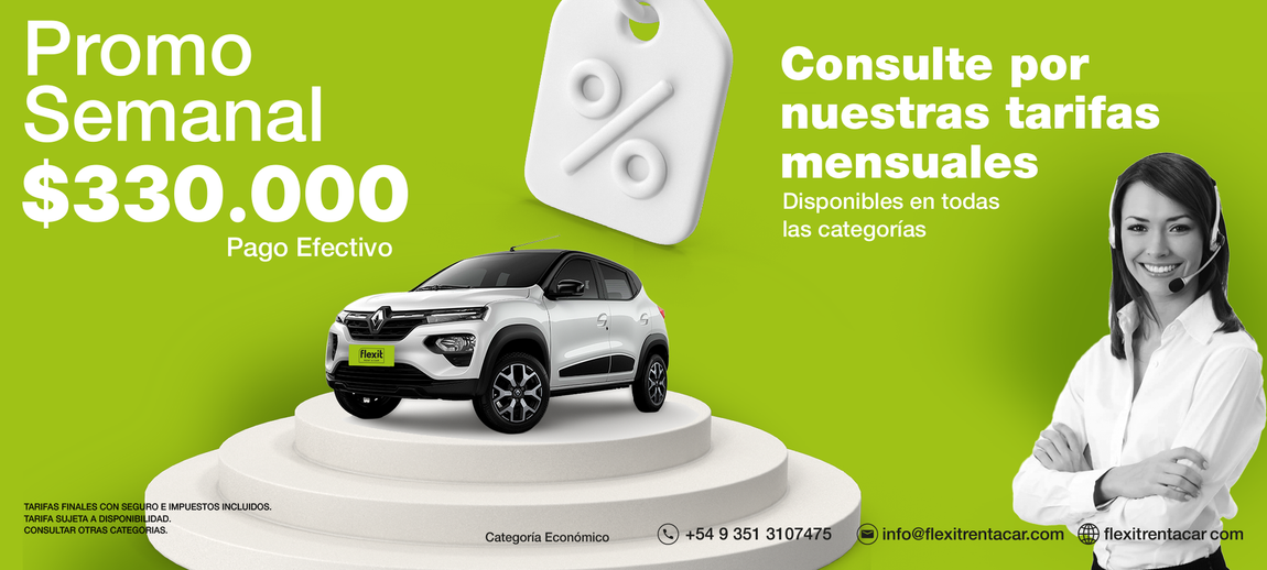 Promoción de alquiler de coches. Coche blanco sobre pedestal. Oferta de pago semanal de 285.000