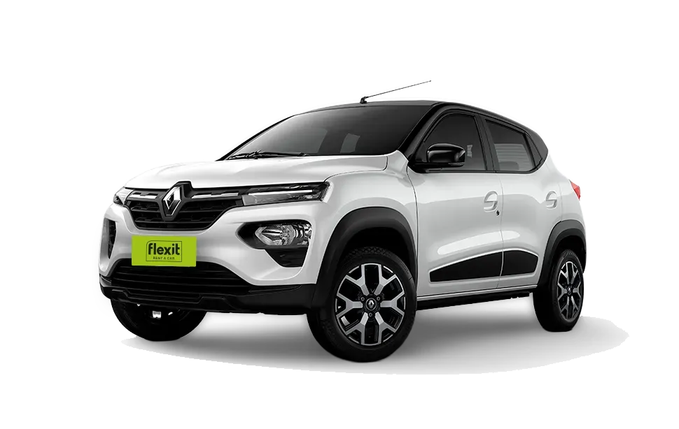 Coche eléctrico Renault Kwid E-Tech de color blanco con techo y detalles negros, aislado sobre fondo blanco.