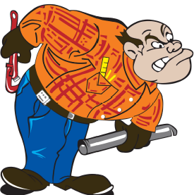 Angry cartoon plumber in orange plaid shirt, gripping pipes, wrench in back, scowling.