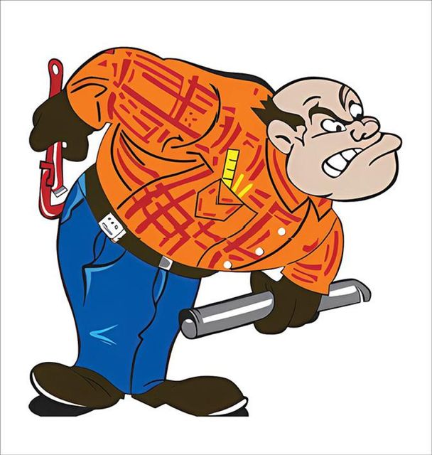 Angry cartoon plumber in orange plaid shirt, gripping pipes, wrench in back, scowling.