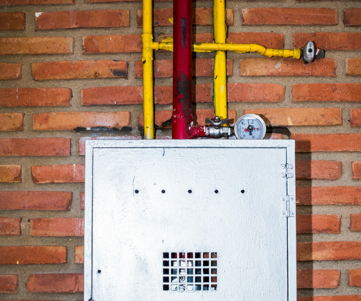 Brick wall with a white metal utility box, red and yellow pipes, and a pressure gauge.