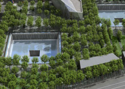 Aerial view of the 9/11 Memorial with reflecting pools, trees, and a building.