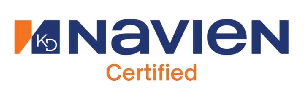 Navien Certified logo with blue text, orange accent, and small KB icon