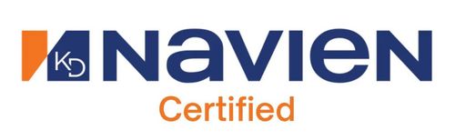 Navien Certified logo with blue text, orange accent, and small KB icon