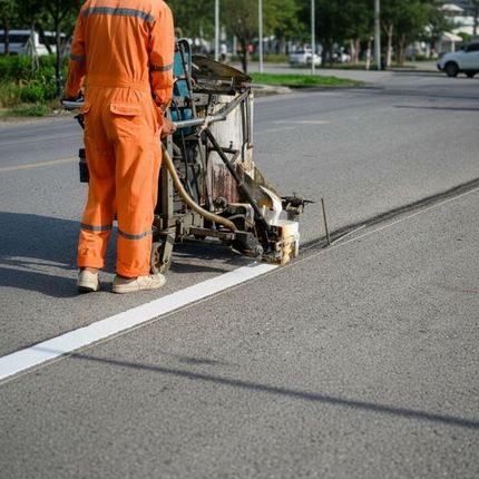 Worker using line striping machine to apply white line on asphalt parking lot for traffic control
