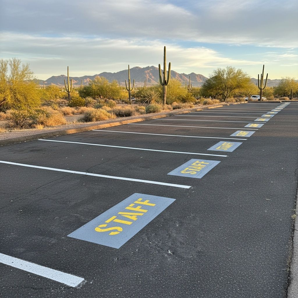 Staff parking lot striping with marked spaces and white lines on asphalt for organized employee parking