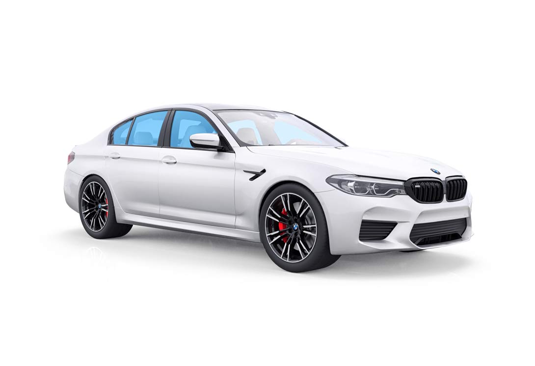 A white bmw m5 is shown on a white background.