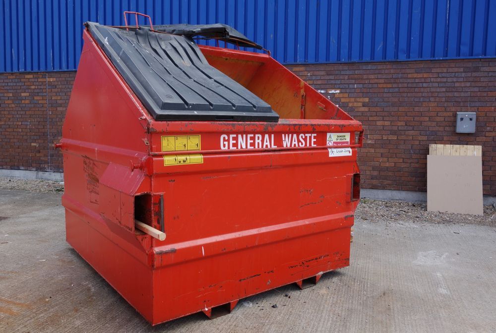 Red Dumpster Labeled General Waste With Black Lid — Red e Bins in Bonny Hills, NSW