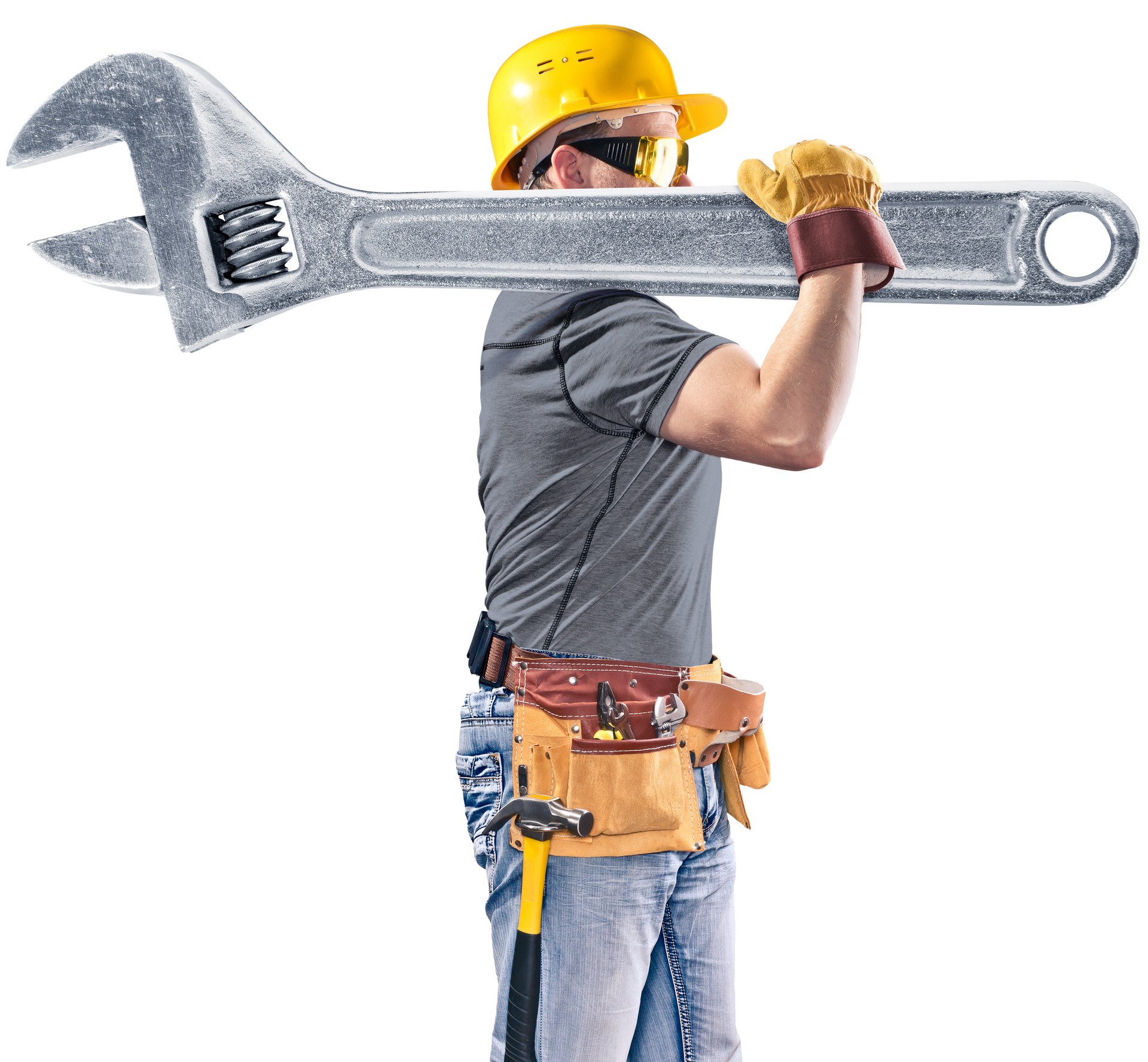 Construction worker carrying large adjustable wrench on shoulder.