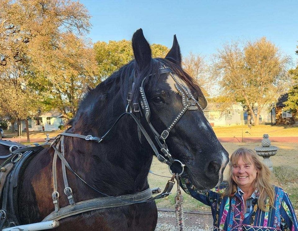 woman smiling with black horse