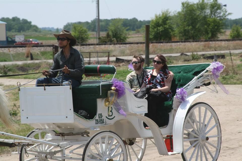 couple on white carriage with purple ribbons