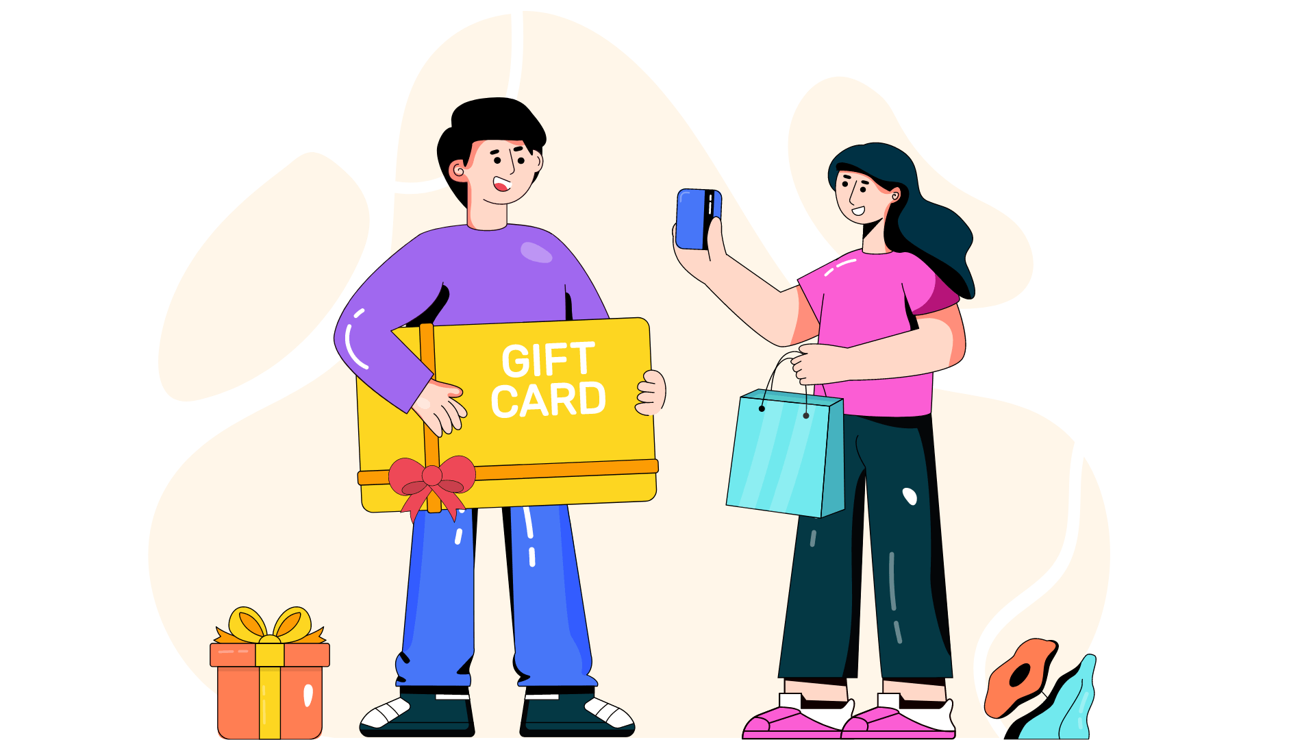 Graphic of people holding gift card