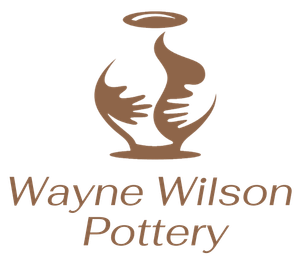 A logo for wayne wilson pottery with two hands holding a vase