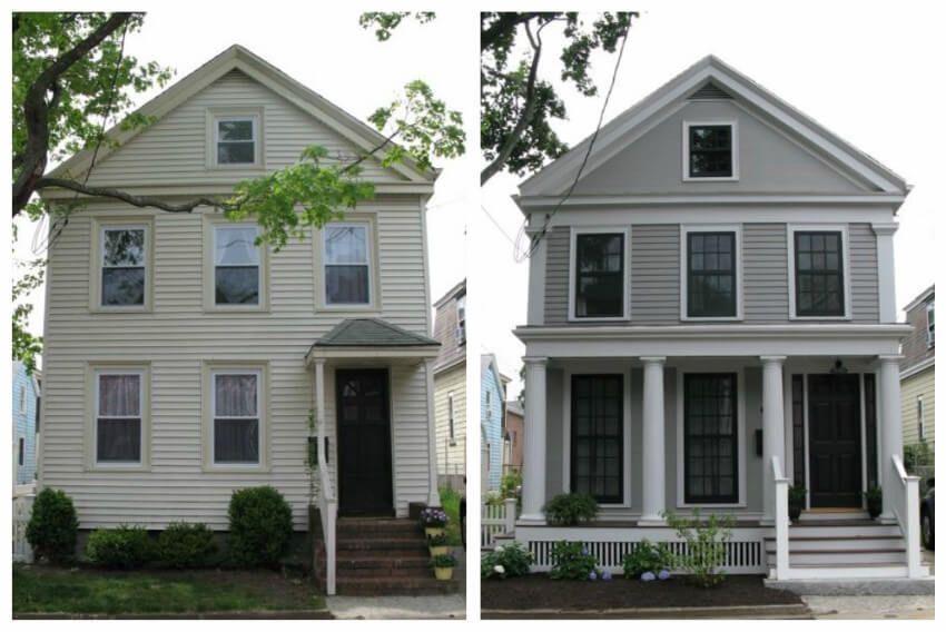 A before and after photo of a house with black windows