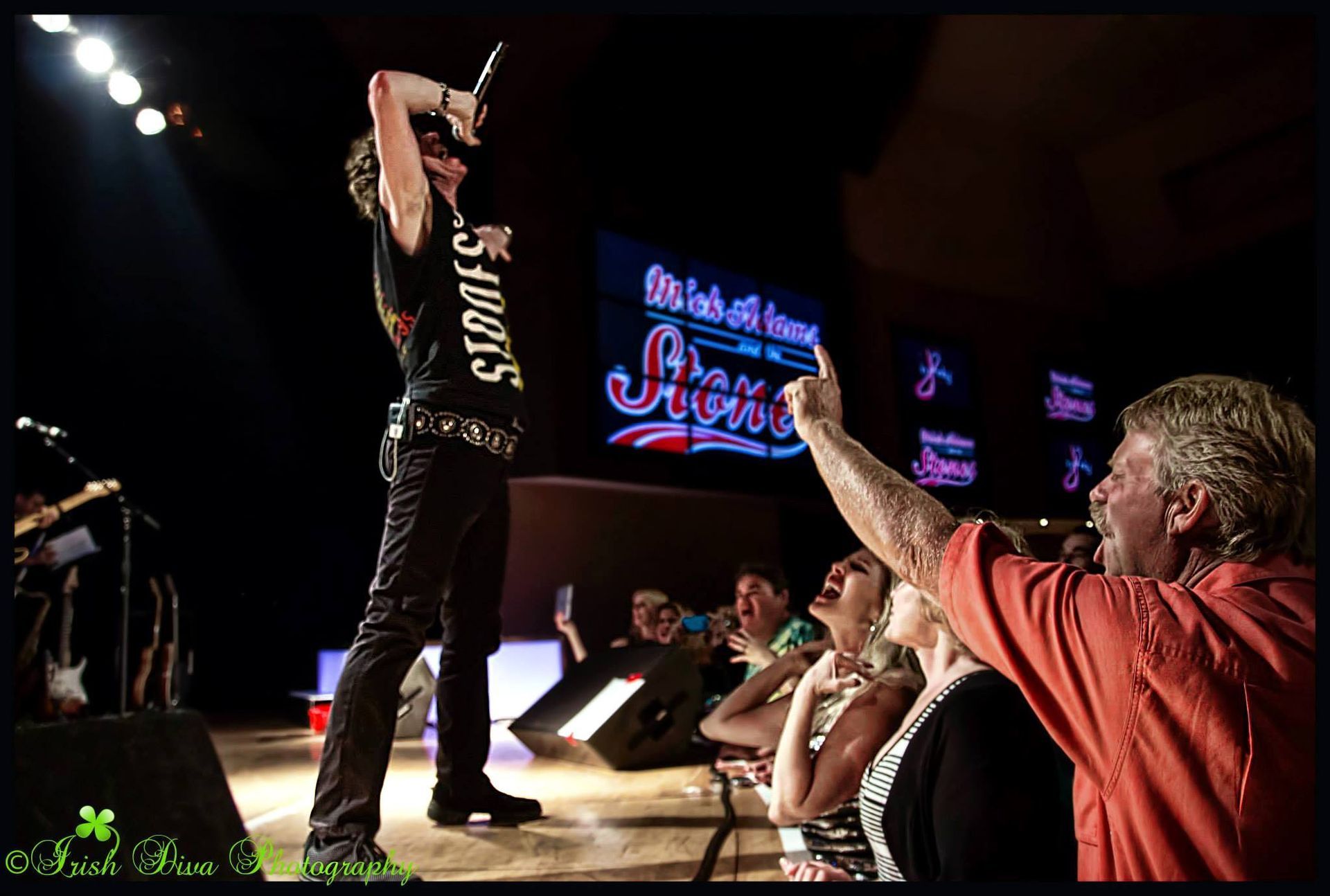 Singer onstage with raised arm, performing to cheering audience in a concert venue