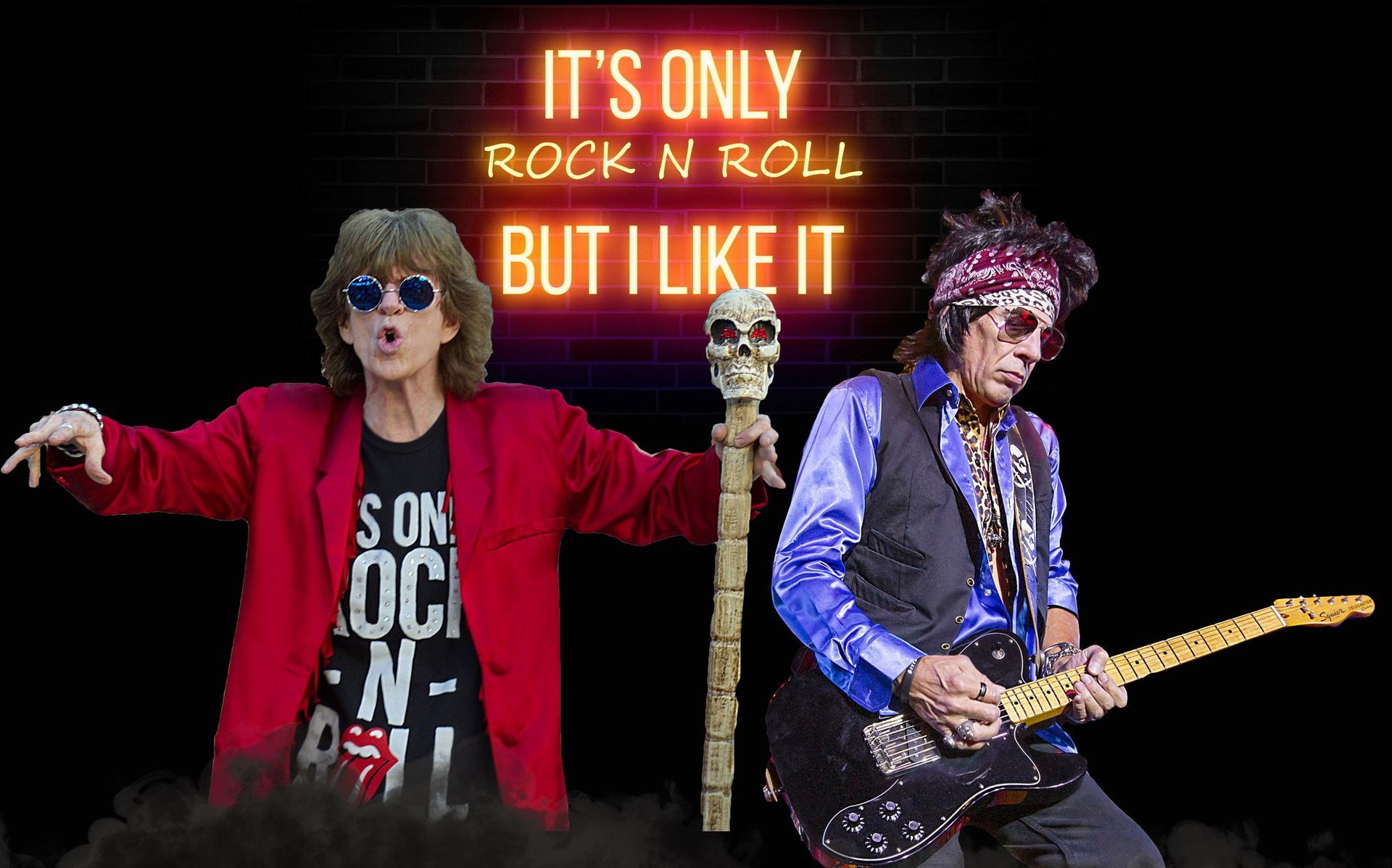 Two rock musicians performing under neon text, “IT’S ONLY ROCK N ROLL, BUT I LIKE IT”