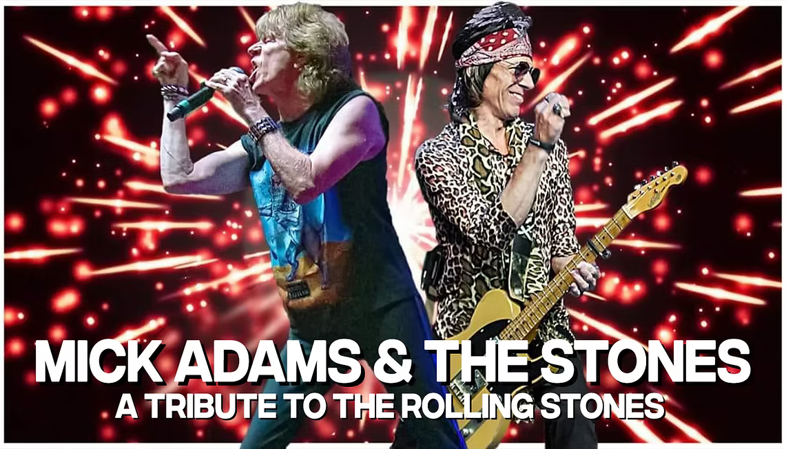 Mick Adams & The Stones tribute band performing on stage with bright red lights and two singers in the foreground